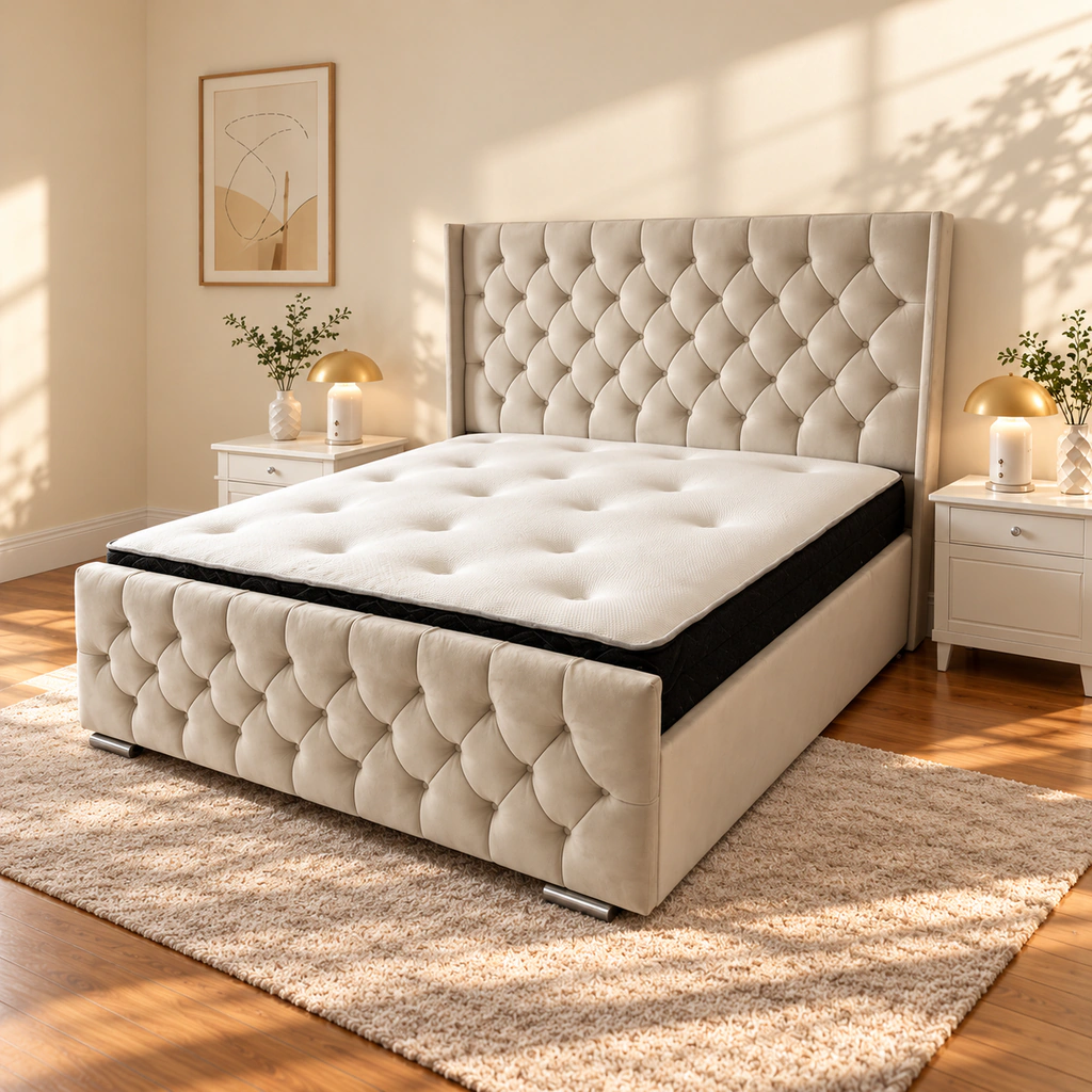Cream Tufted Bed Set