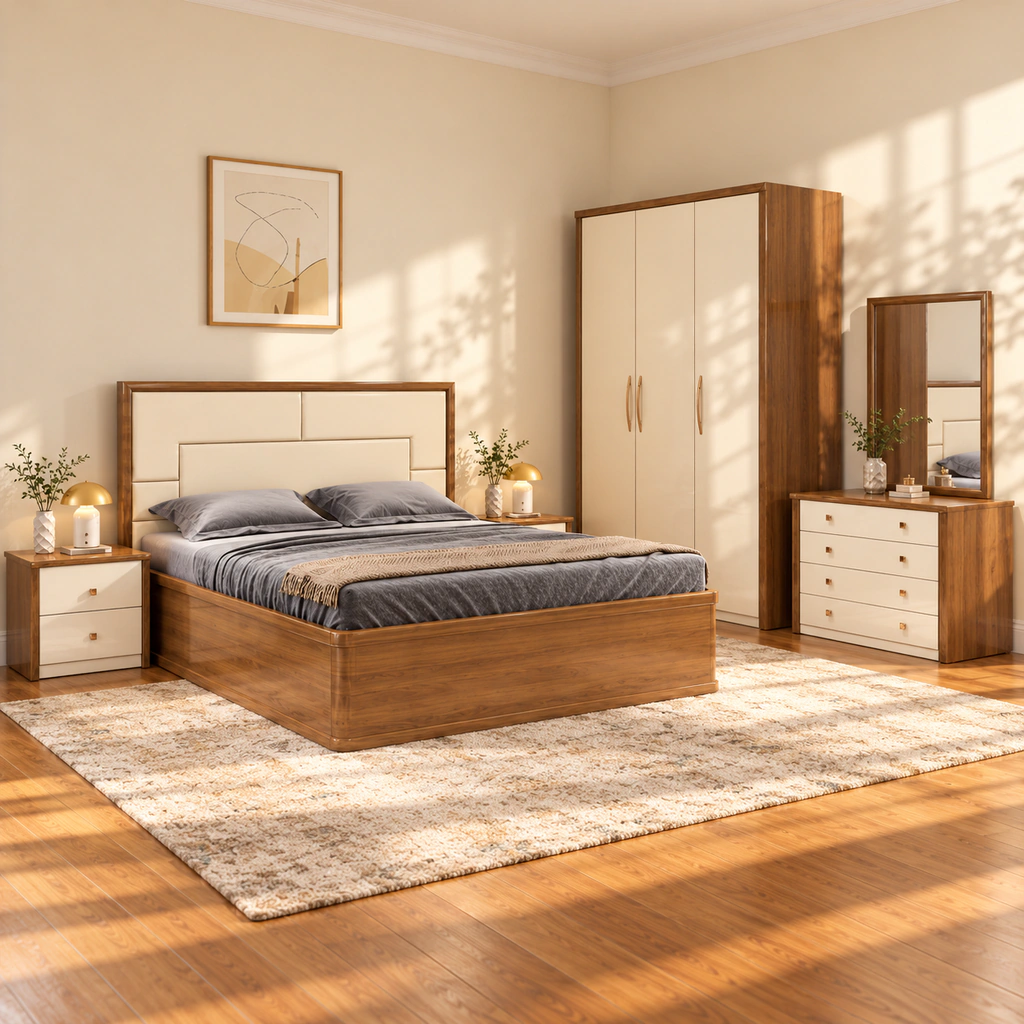 Wood & Cream Bed Set