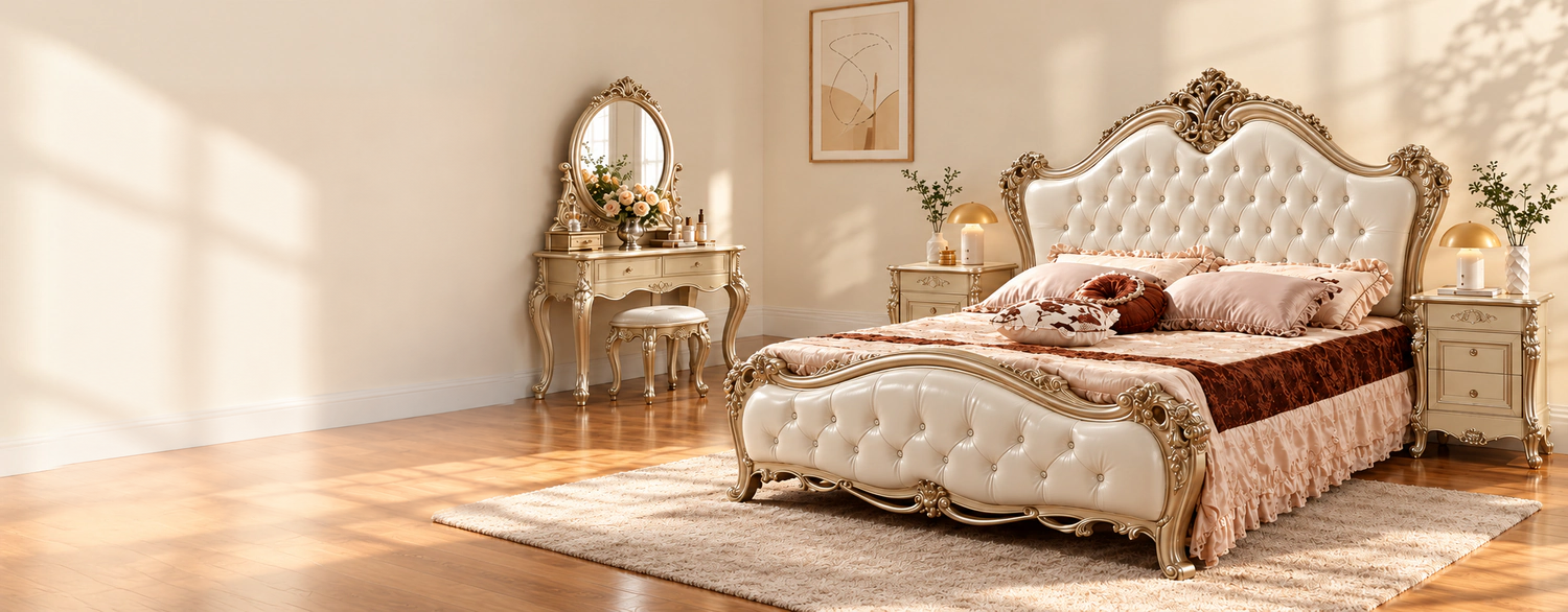 Champagne bed set with a tufted headboard and gold-toned detailing