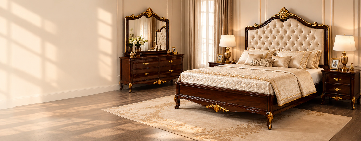 Dark wood bed set with a cream tufted headboard