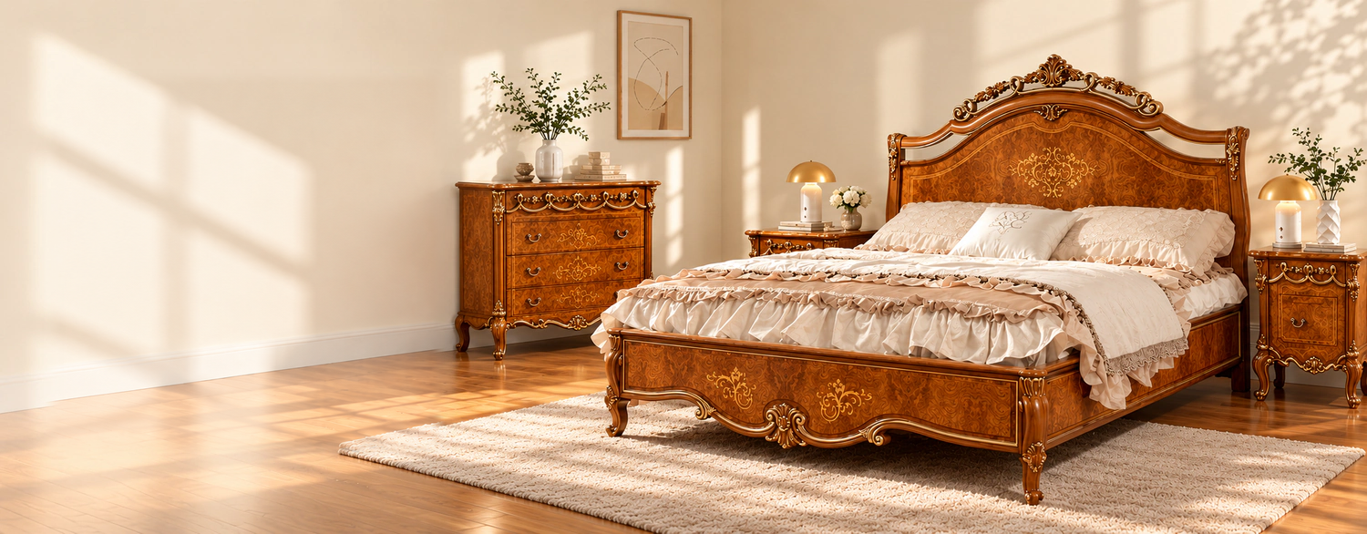 Classic wooden bed set with decorative patterns and carved detailing