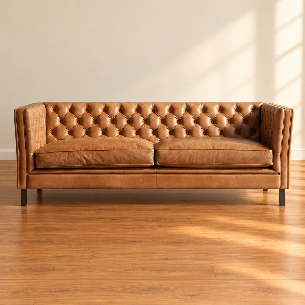 Cognac Tufted Leather Sofa
