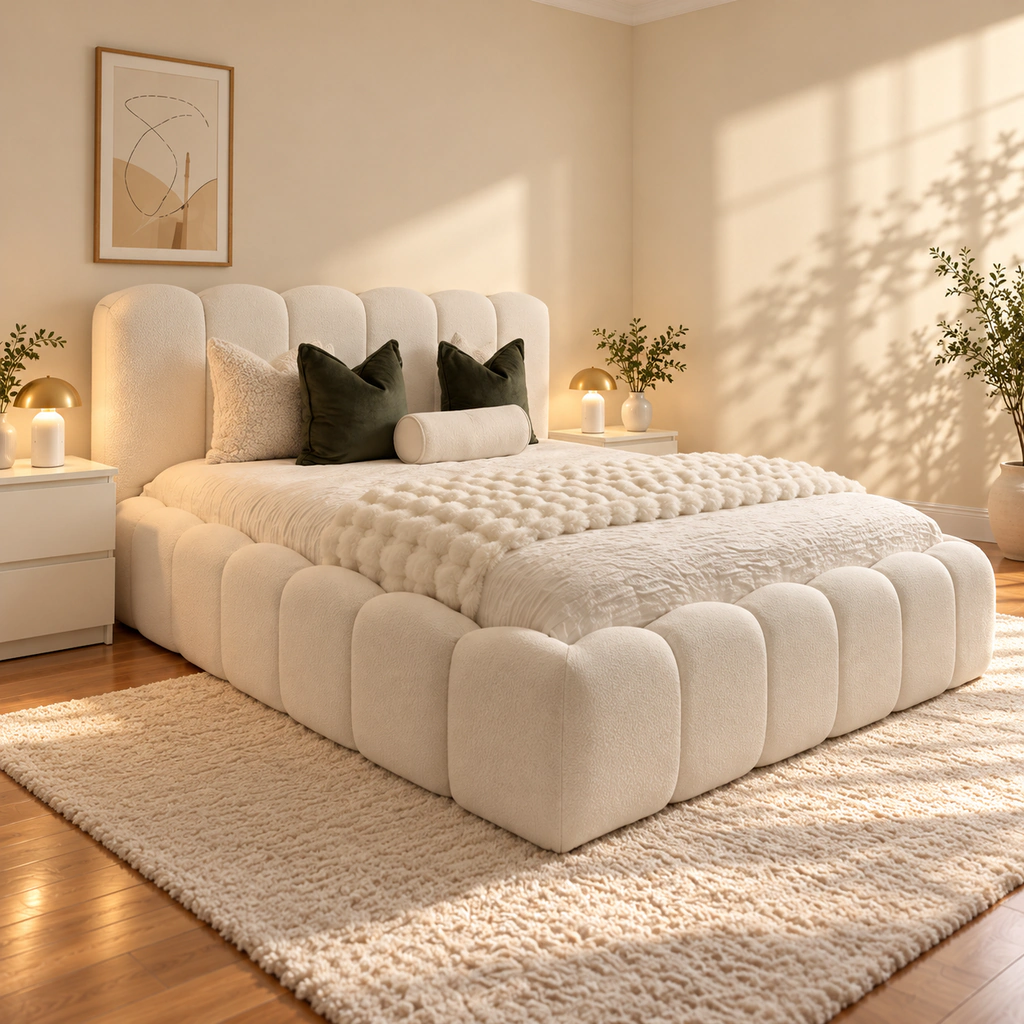 Cream upholstered bed with a tall panelled headboard and rounded padded sides and footboard